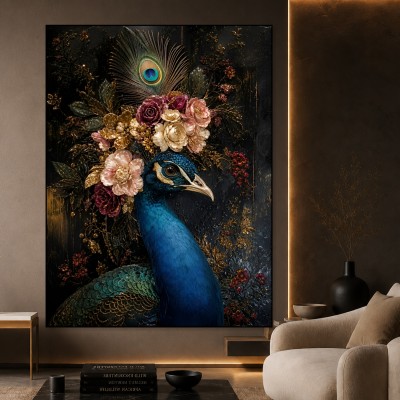 Majestätischer Pfau mit Blütenkrone – Wandbild als Gallery Leinwand