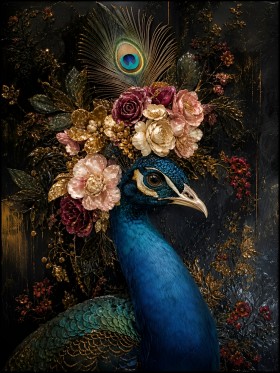 Majestätischer Pfau mit Blütenkrone – Wandbild als Gallery Leinwand