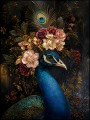 Majestätischer Pfau mit Blütenkrone – Wandbild als Gallery Leinwand