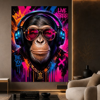 Schimpanse mit Kopfhörern – Modernes Wandbild als Gallery Leinwand