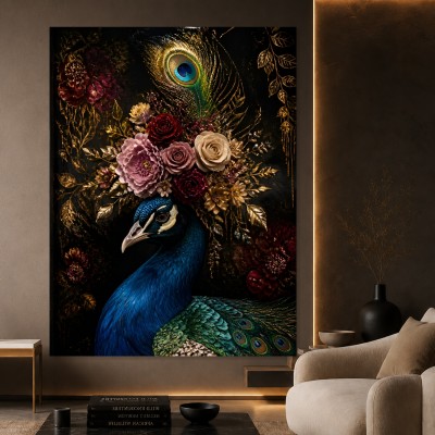Luxus Wandbild Pfau mit Blütenkrone – Fine Art Print in Gold und Nachtblau
