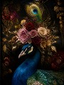 Luxus Wandbild Pfau mit Blütenkrone – Fine Art Print in Gold und Nachtblau