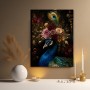 Luxus Wandbild Pfau mit Blütenkrone – Fine Art Print in Gold und Nachtblau