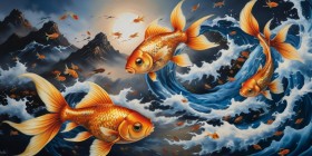 Goldene Koi im Wellenzauber – Wandbild Poster