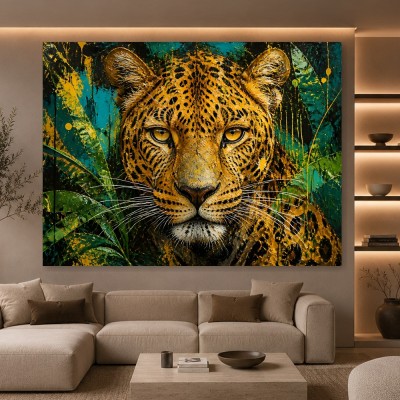 Leopard im Dschungel – Leinwandbild & Acrylbild in Goldgrün
