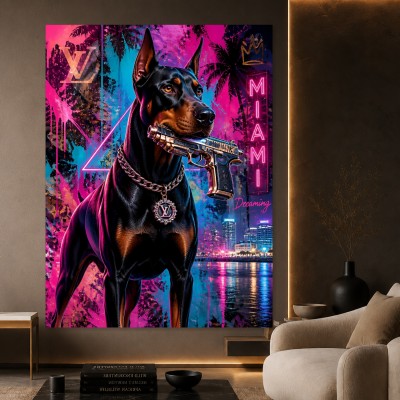 Neon Miami Dobermann – Modernes Wandbild auf Gallery Leinwand
