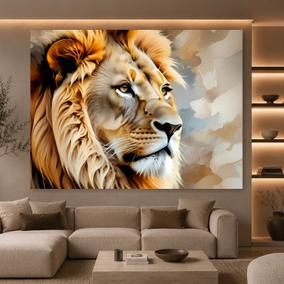 Majestätischer Löwe als Leinwand Wandbild in warmen Goldtönen