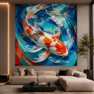 Koi Energie – Modernes Wandbild als Leinwandbild in Blau und Orange