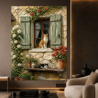 Mediterranes Fenster mit Katzen – Wandbild auf Gallery Leinwand