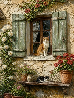 Mediterranes Fenster mit Katzen – Wandbild auf Gallery Leinwand