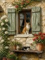 Mediterranes Fenster mit Katzen – Wandbild auf Gallery Leinwand