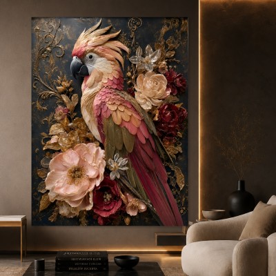 Exotischer Kakadu in Blütenpracht – Luxus Wandbild als Acrylbild