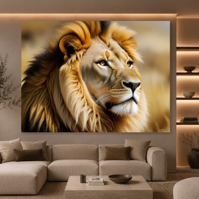 Majestätischer Löwe als Leinwand Wandbild in warmen Goldtönen