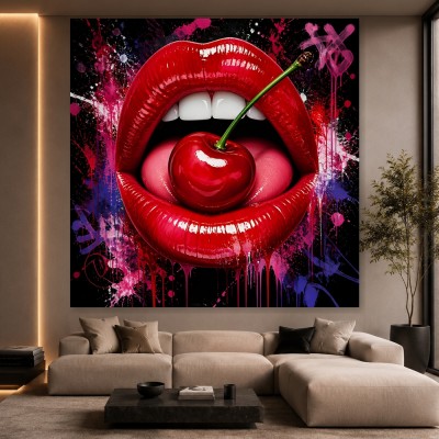 Cherry Kiss Pop Art – Wandbild als Gallery Leinwand
