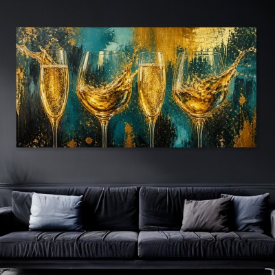 Goldene Champagnergläser – Luxus Wandbild als Gallery Leinwand