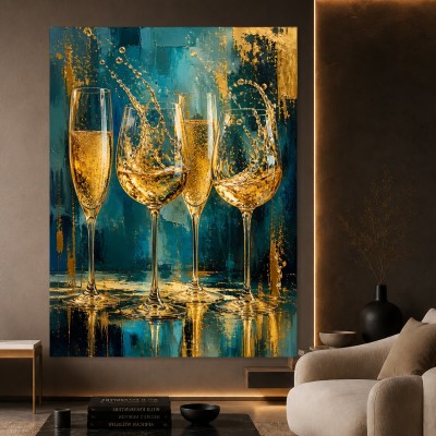 Champagnergläser in Gold & Petrol – Luxus Wandbild als Acrylglasbild