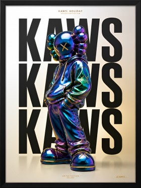 Pop-Kultur Wandbild als Gallery Leinwand – glänzende Chrom-Figur vor Typografie