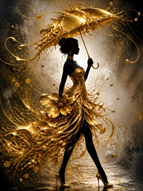 Goldene Eleganz im Regen – Luxus Wandbild als Gallery Leinwand