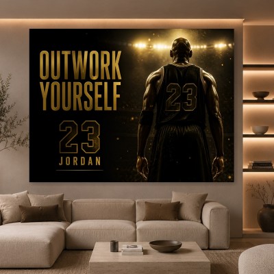 Outwork Yourself Wandbild – Basketball Poster in Gold-Schwarz