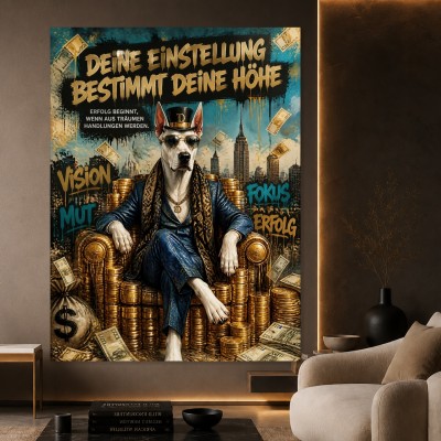 Erfolgsdogge im Money-Style – Modernes Wandbild als Gallery Leinwand