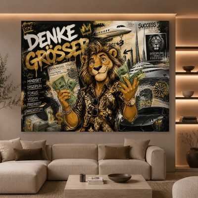 Erfolgs-Löwe in Gold – Leinwandbild als Poster im Street-Art-Stil