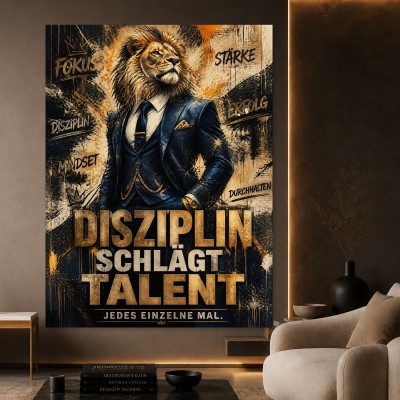 Disziplin schlägt Talent Wandbild Poster mit Löwen-Motiv