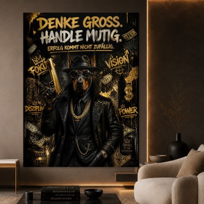 Denke Groß – Modernes Wandbild als Gallery Leinwand mit Dobermann-Motiv