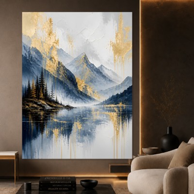 Goldene Bergstille – Leinwand Wandbild mit alpinem See