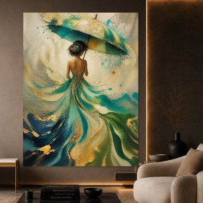 Türkisgoldene Regenszene – Wandbild als Gallery Leinwand