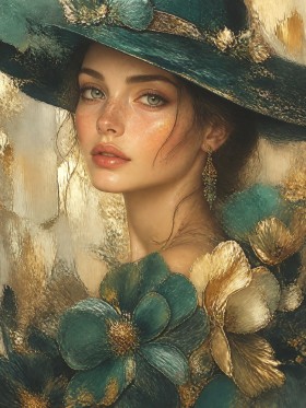 Elegante Dame in Smaragd und Gold – Leinwandbild Wandbild