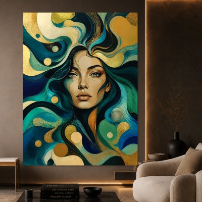 Elegantes Porträt in Türkis und Gold – Wandbild Poster