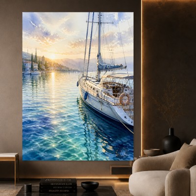 Mediterraner Segelhafen bei Sonnenuntergang – Leinwand Wandbild
