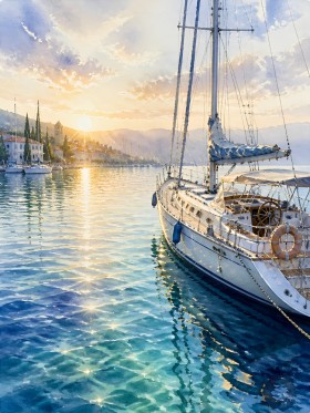 Mediterraner Segelhafen bei Sonnenuntergang – Leinwand Wandbild