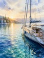 Mediterraner Segelhafen bei Sonnenuntergang – Leinwand Wandbild