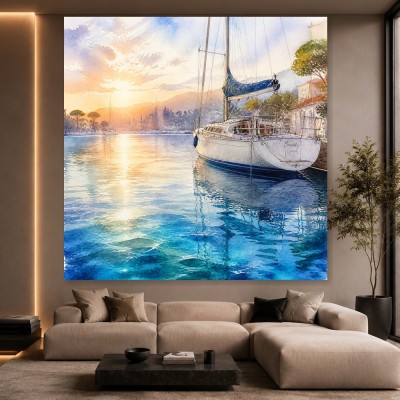 Sonnenhafen mit Segelboot – Wandbild & Poster in Aquarelloptik