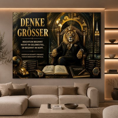 Denke Größer – Luxus Wandbild als Leinwandbild mit Löwenkönig in Gold