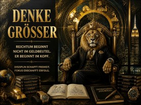 Denke Größer – Luxus Wandbild als Leinwandbild mit Löwenkönig in Gold