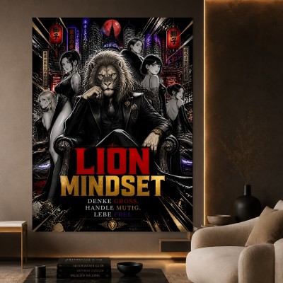 Lion Mindset – Modernes Wandbild & Leinwandbild im Anime-Noir-Stil