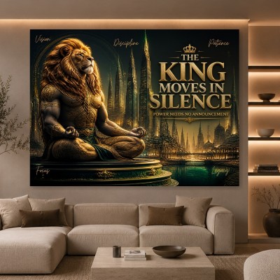 Majestätischer Löwenkönig – Leinwand Kunstwerk mit futuristischer Skyline
