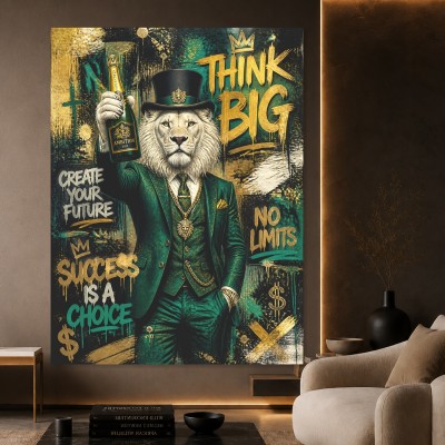 Think Big Löwe – Designer Wandbild als Leinwandbild in Gold & Smaragd