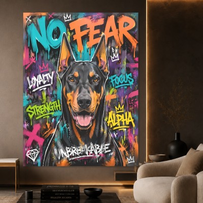 Modernes Wandbild „No Fear Dobermann“ – Leinwandbild im Street-Art-Stil