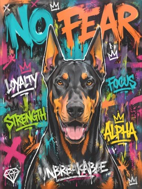 Modernes Wandbild „No Fear Dobermann“ – Leinwandbild im Street-Art-Stil