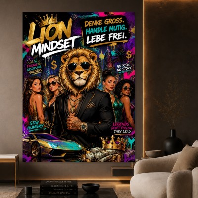 Lion Mindset Wandbild – Pop Art Leinwandbild mit Luxus-Vibe