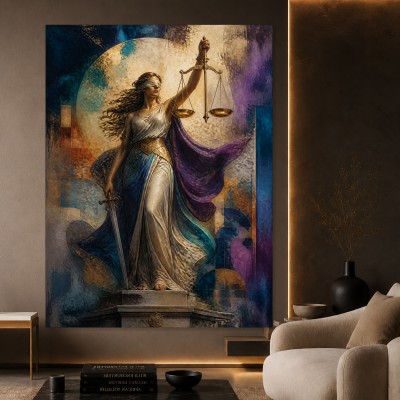 Justitia in Gold und Violett – Modernes Wandbild als Fine Art Print