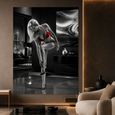 Rote Eleganz im Penthouse – Luxus Wandbild als Acrylglasbild
