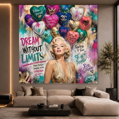 Pop-Art-Diva Marilyn Monroe mit Herzballons – Modernes Wandbild Leinwandbild
