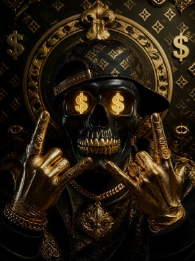 Modernes Wandbild oder Fine Art Print: Gold Skull mit Dollarblick