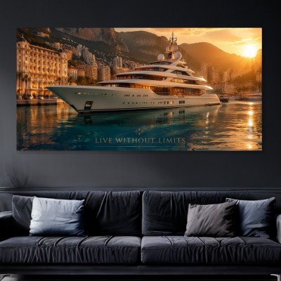 Luxus-Yacht bei Sonnenuntergang – Modernes Wandbild oder Fine Art Print