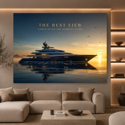 Luxus Yacht bei Sonnenuntergang – Wandbild oder Fine Art Print mit Motivationsspruch