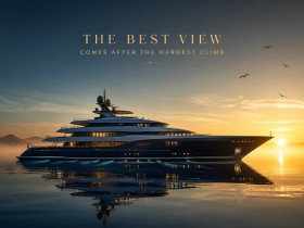 Luxus Yacht bei Sonnenuntergang – Wandbild oder Fine Art Print mit Motivationsspruch
